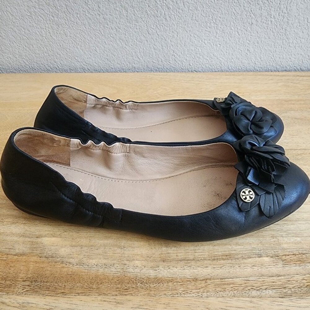 Tory Burch Shoes Womens Size 9 Black Leather Ballet Flats Flower Logo Comfort